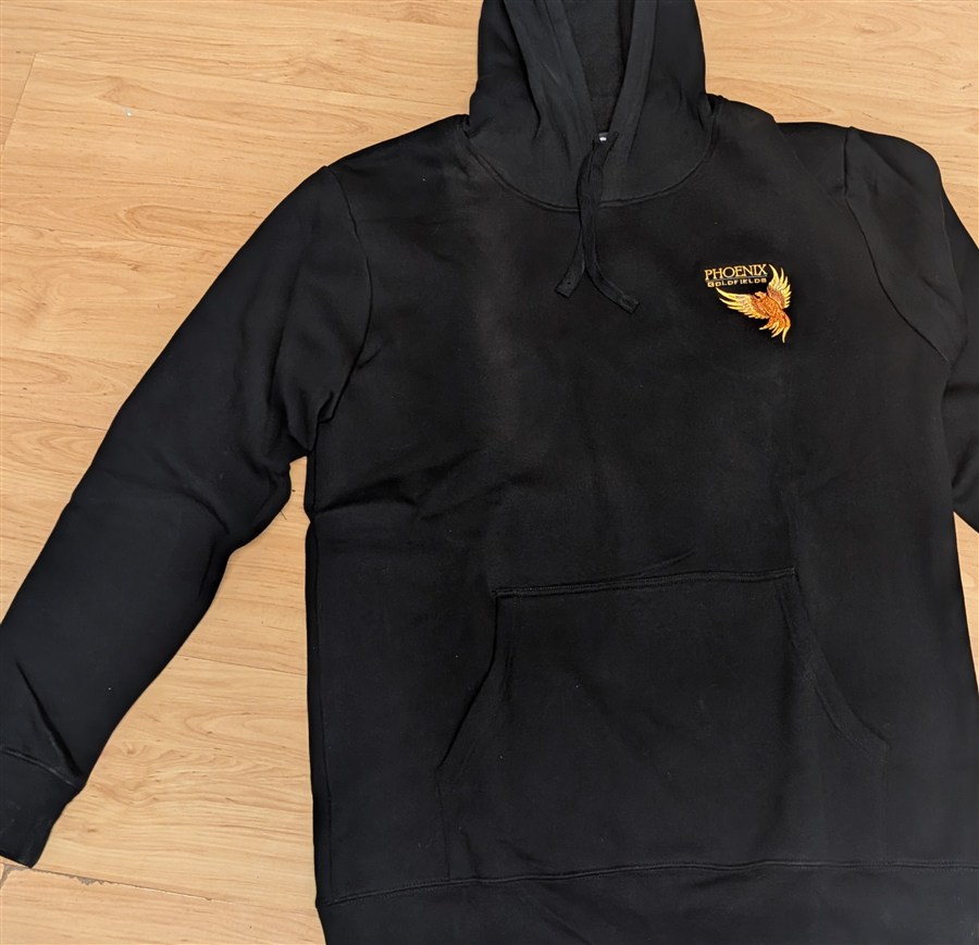 Phoenix Goldfields black hoodie — front view with embroidered chest logo