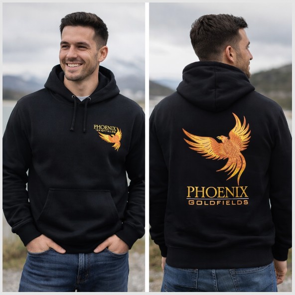 Phoenix Goldfields black hoodie — front and back view worn by model