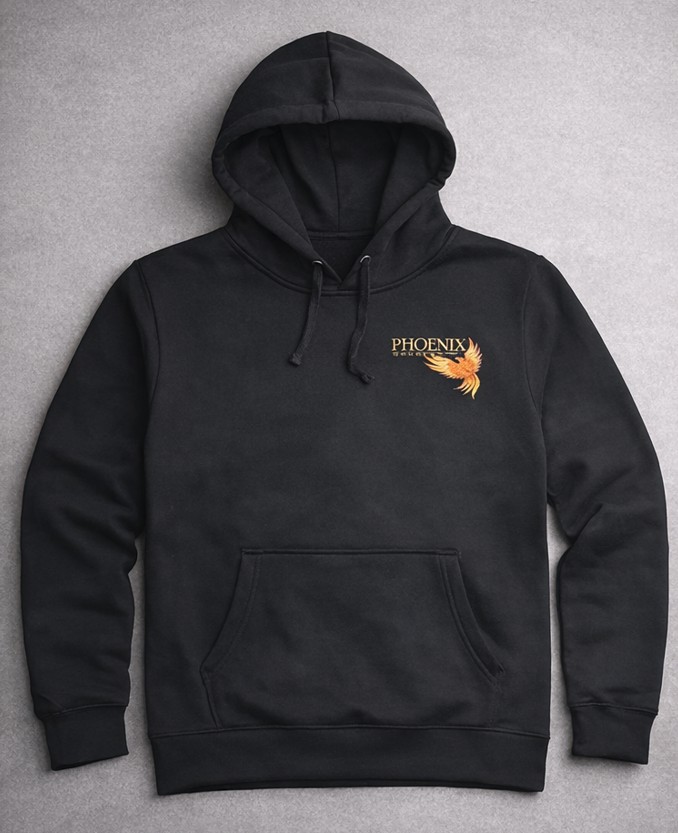 Phoenix Goldfields black hoodie — chest logo close up product shot