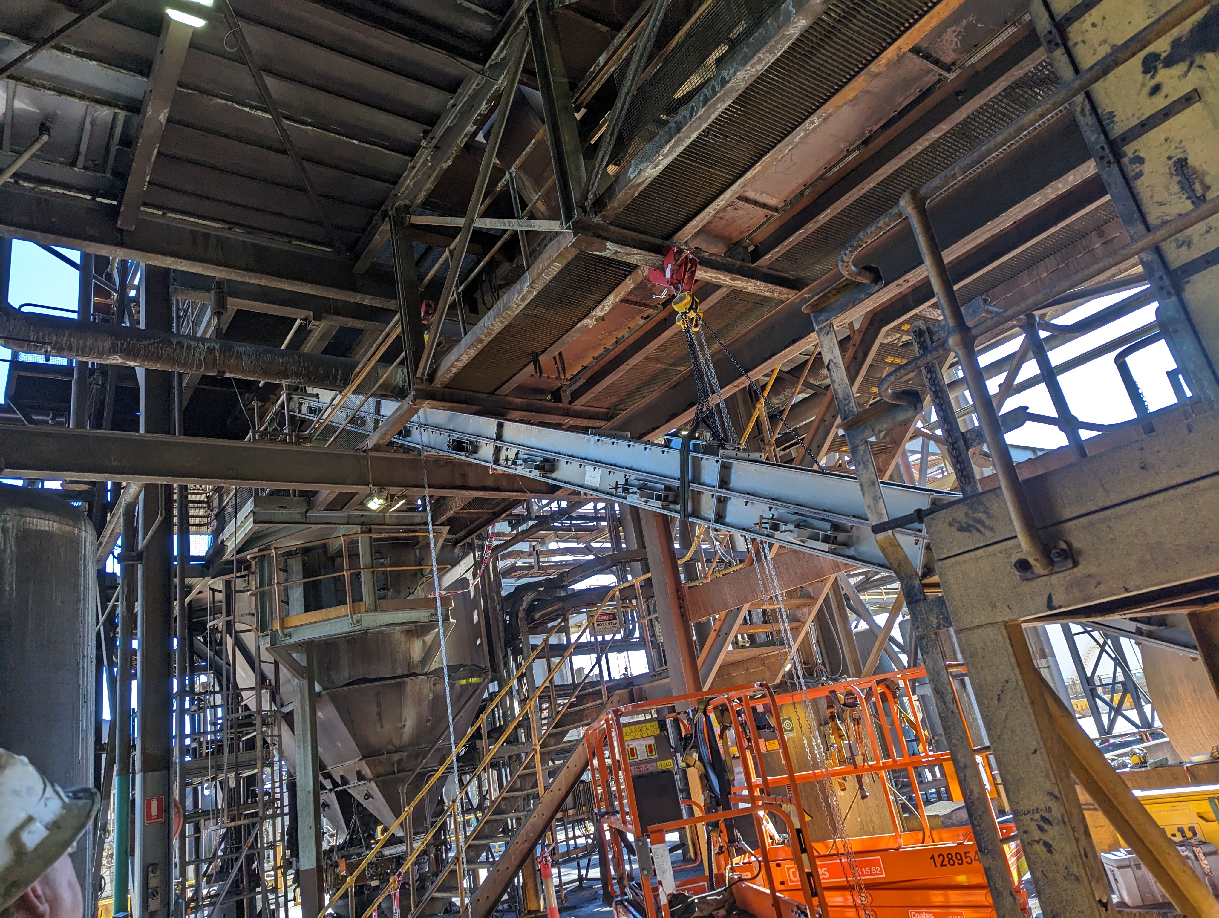 Inside mining processing facility — conveyor and structural maintenance by Phoenix Goldfields